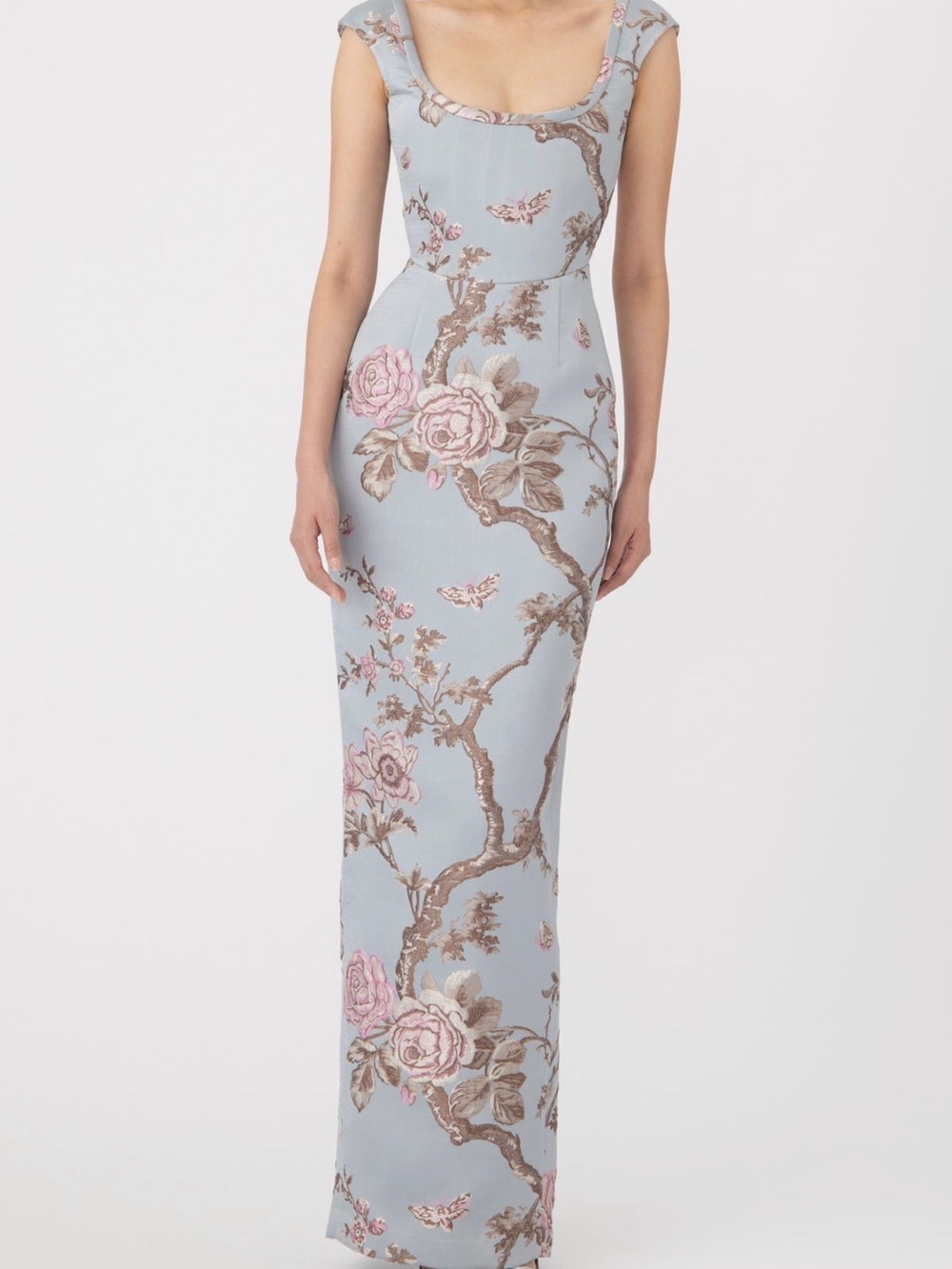 Scoop-Neck Pale Blue Floral Maxi Dress
